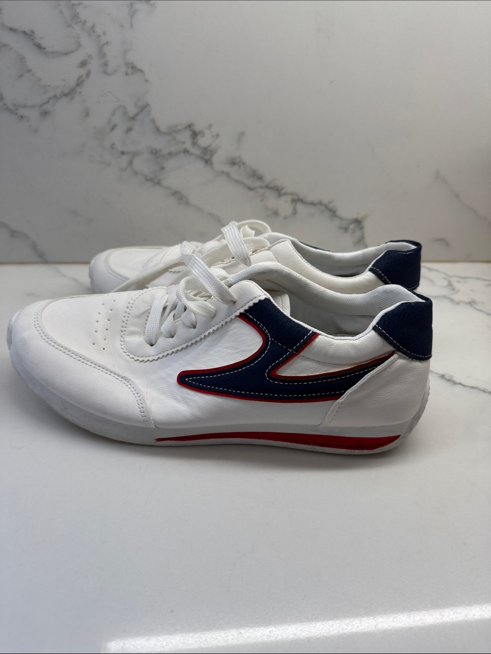 Women's White Athletic Sneakers with Navy and Red Accent